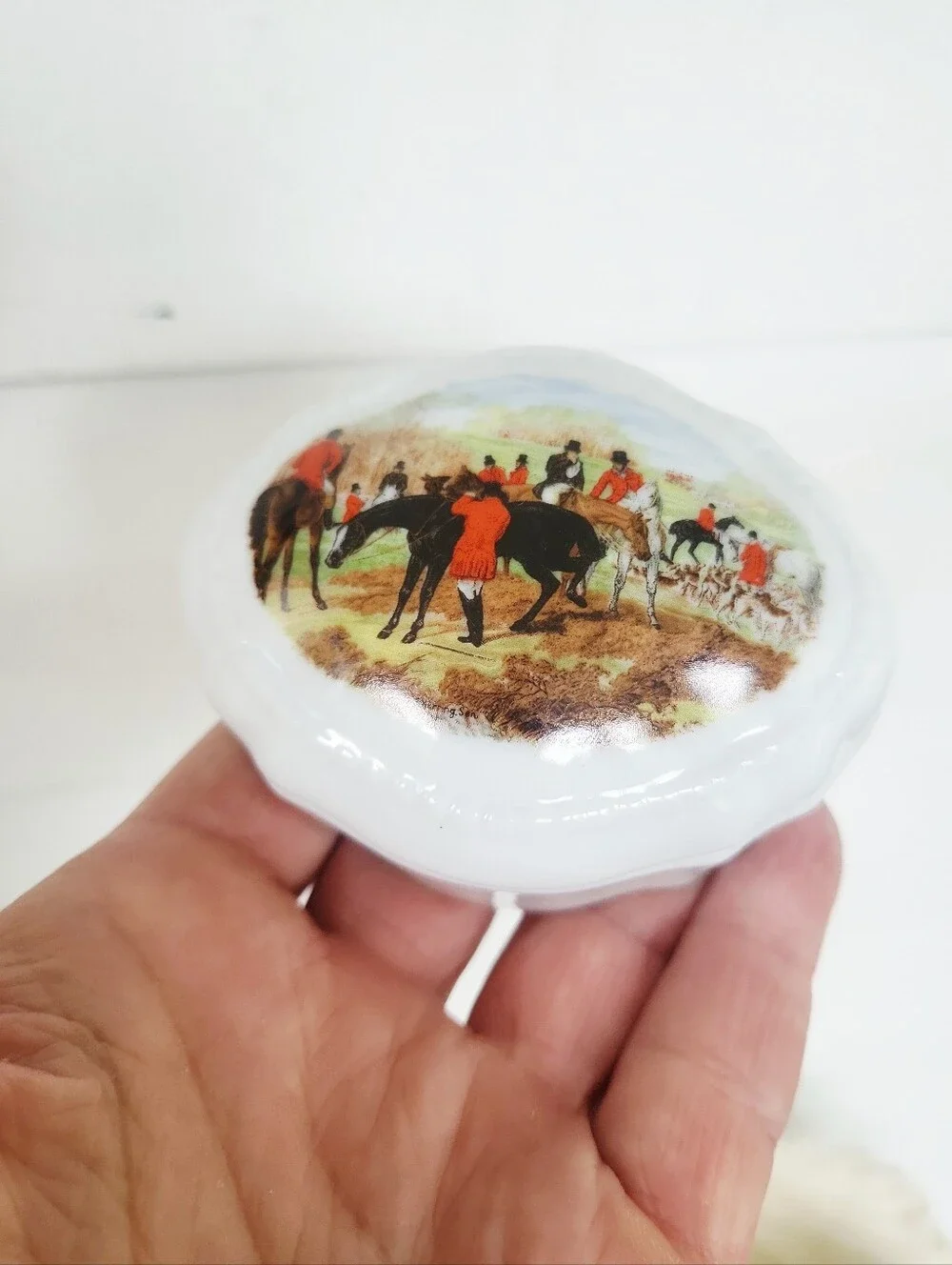 Vintage J.F. Herring Son Equestrian Fox Hunt Bone China Trinket Box The Huntsman